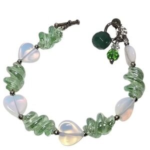 NEW NBH Sage Green Glass Heart Opalite Beaded Toggle Charm Bracelet Whimsigoth